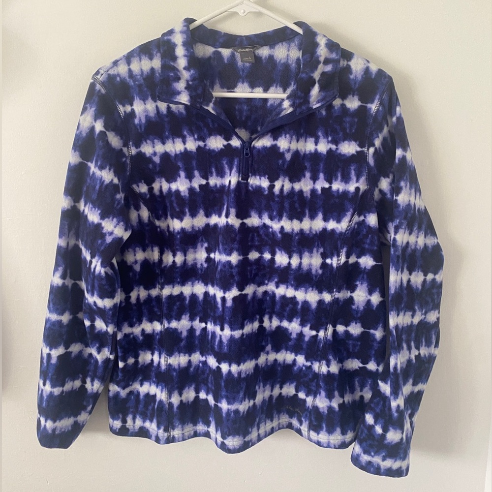 Eddie Bauer Navy and White Tie-Dye Fleece Quarter Zip Spring Jacket Size L